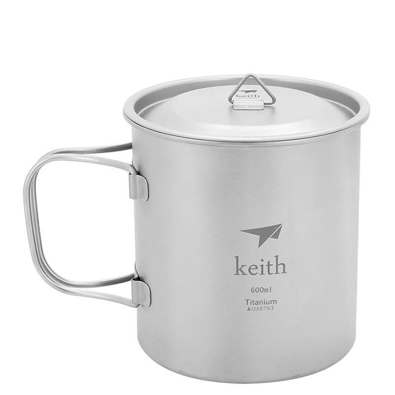 

600ml Keith Titanium Mug Ultralight Outdoor Camping Drinkware Water Cup Foldable Handle Travel Mug With Titanium Lid Ti3207