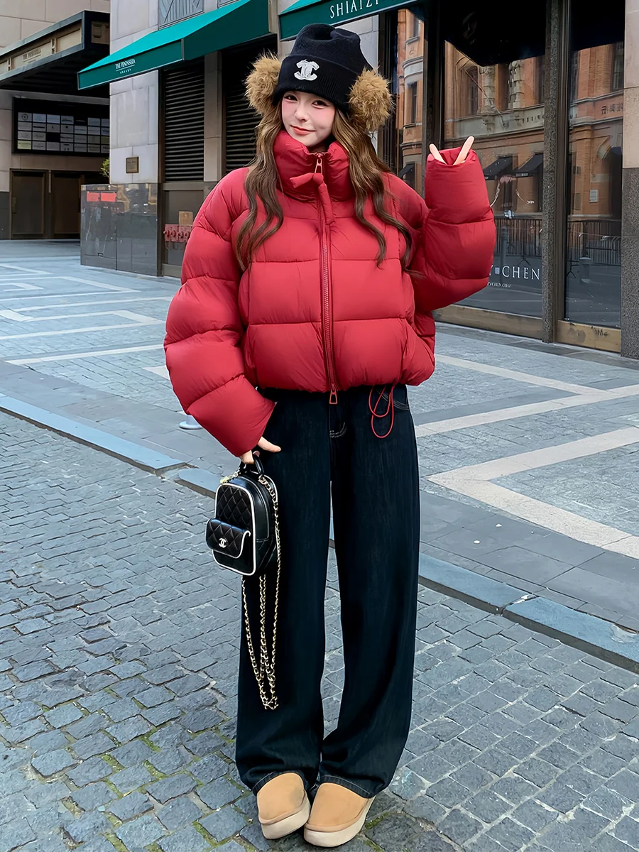 Rojo ort Puffer Jaet mujer 2025 invierno tamaño pequeño 90 blanco Du abajo ropa de abrigo cálida y esponjosa cuello levantado sensación de burbuja