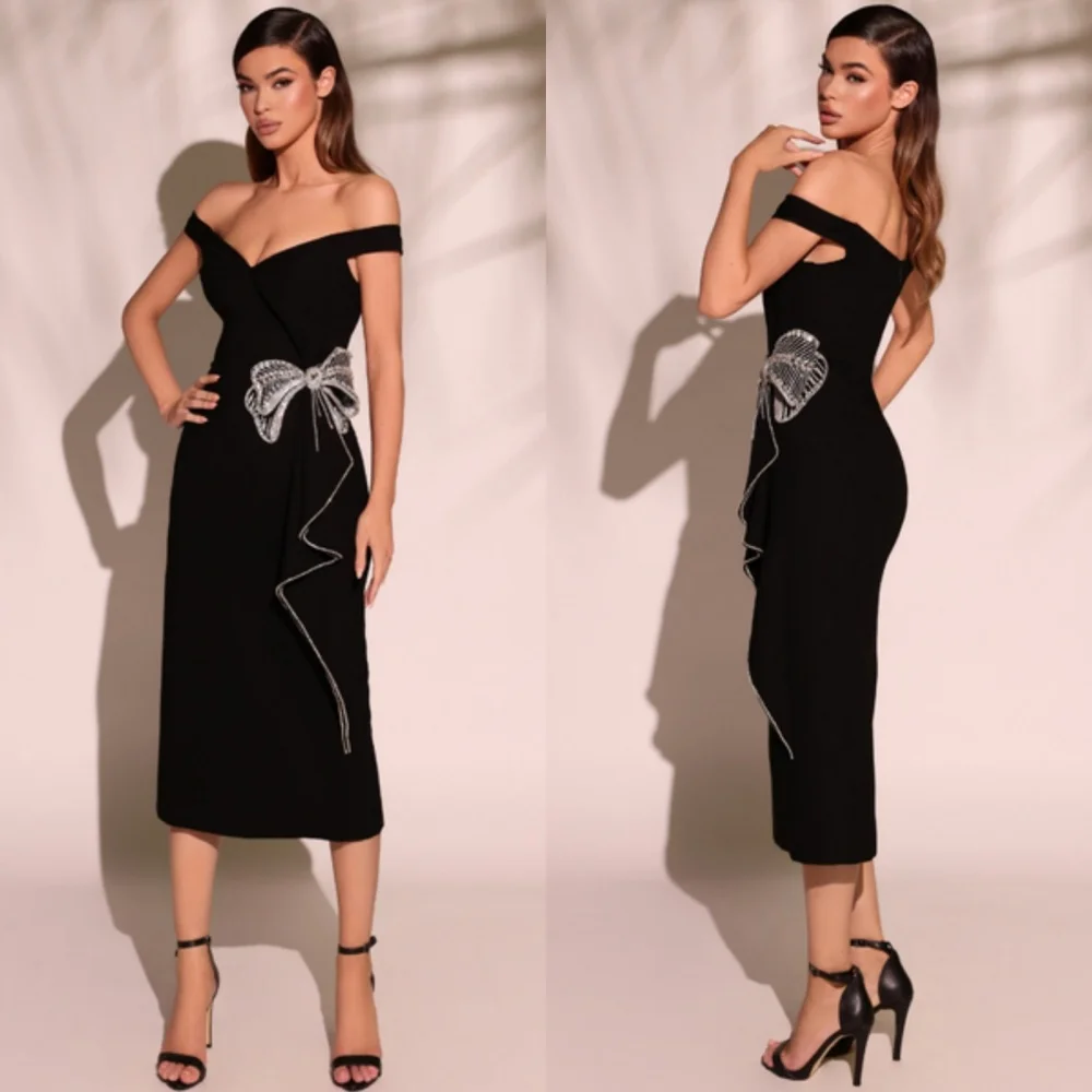 ที่กําหนดเองคลาสสิกประณีต Jersey Bow Sequined A-Line Off-the-shoulder Midi ชุด Bespoke โอกาส Retro
