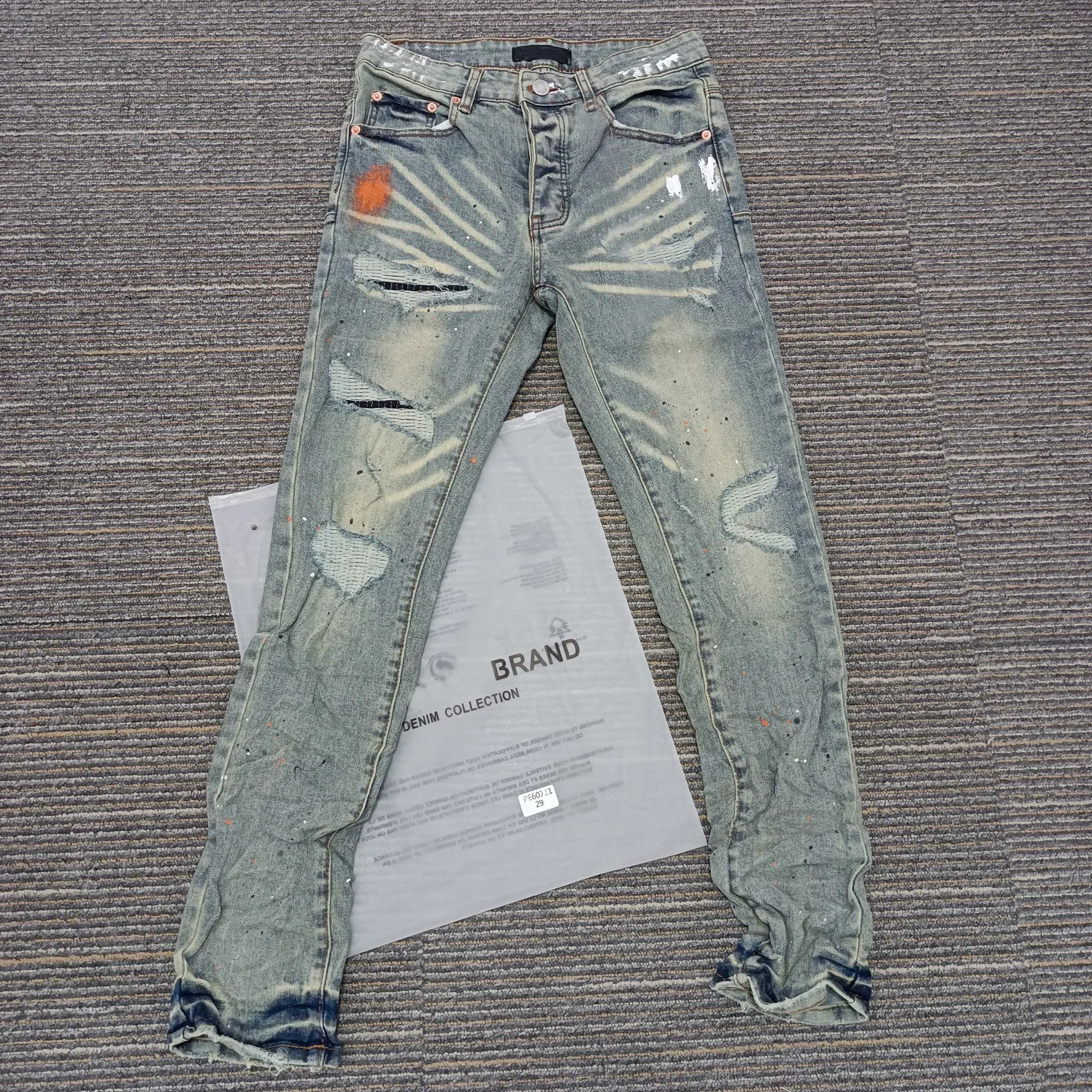 جينز أمريكي عالي الجودة للرجال هاي ستريت مع فتحات قذرة مغسولة ومرشعة بشكل مستقيم بنطال جينز أنيق ونحيف #2