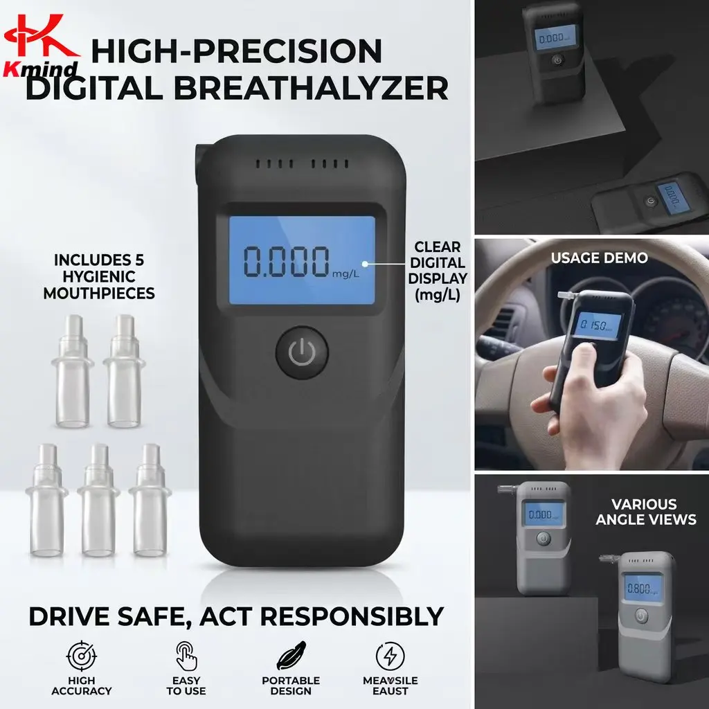 KMIND Professional Digital Breathalyzer Alcohol Tester, LCD Display Portable Accurate Alcohol Detector for Drunk Driving Test