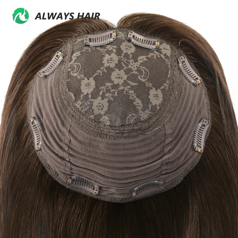 Topper de Cabelo Humano Remy Mongol de 14 Polegadas, Liso Sedoso, 8x8”, Kosher Judaico, Estilo Livre, 120% de Densidade