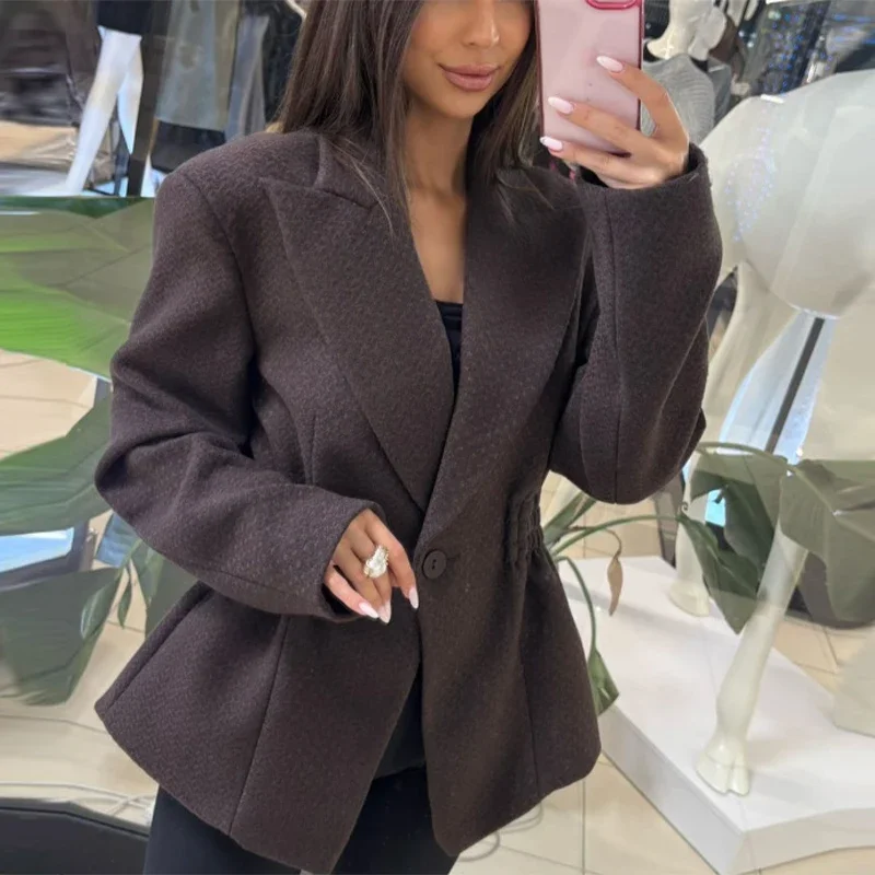 Elegante Damen-Jacke mit V-Ausschnitt, Mantel, Taillenbesatz, lange Ärmel, einzelner Knopf, Schulterpolster, weibliche Oberbekleidung, modisches formelles Outfit