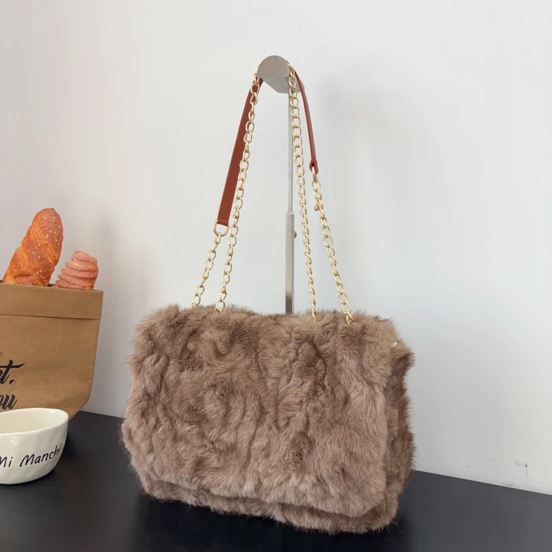 

Women's Luxury Plush Shoulder Crossbody Bag Autumn Winter Trendy Square Underarm Bag Elegant Versatile Double Chain Handbag