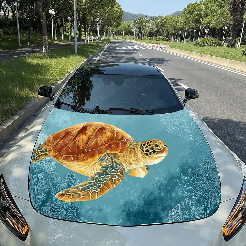 Sea Turtle Coral Pattern PVC Car Hood Wraps, Self-Adhesive Waterproof Car Bonnet Decal Sticker, Car Decoration Protection Sticke
