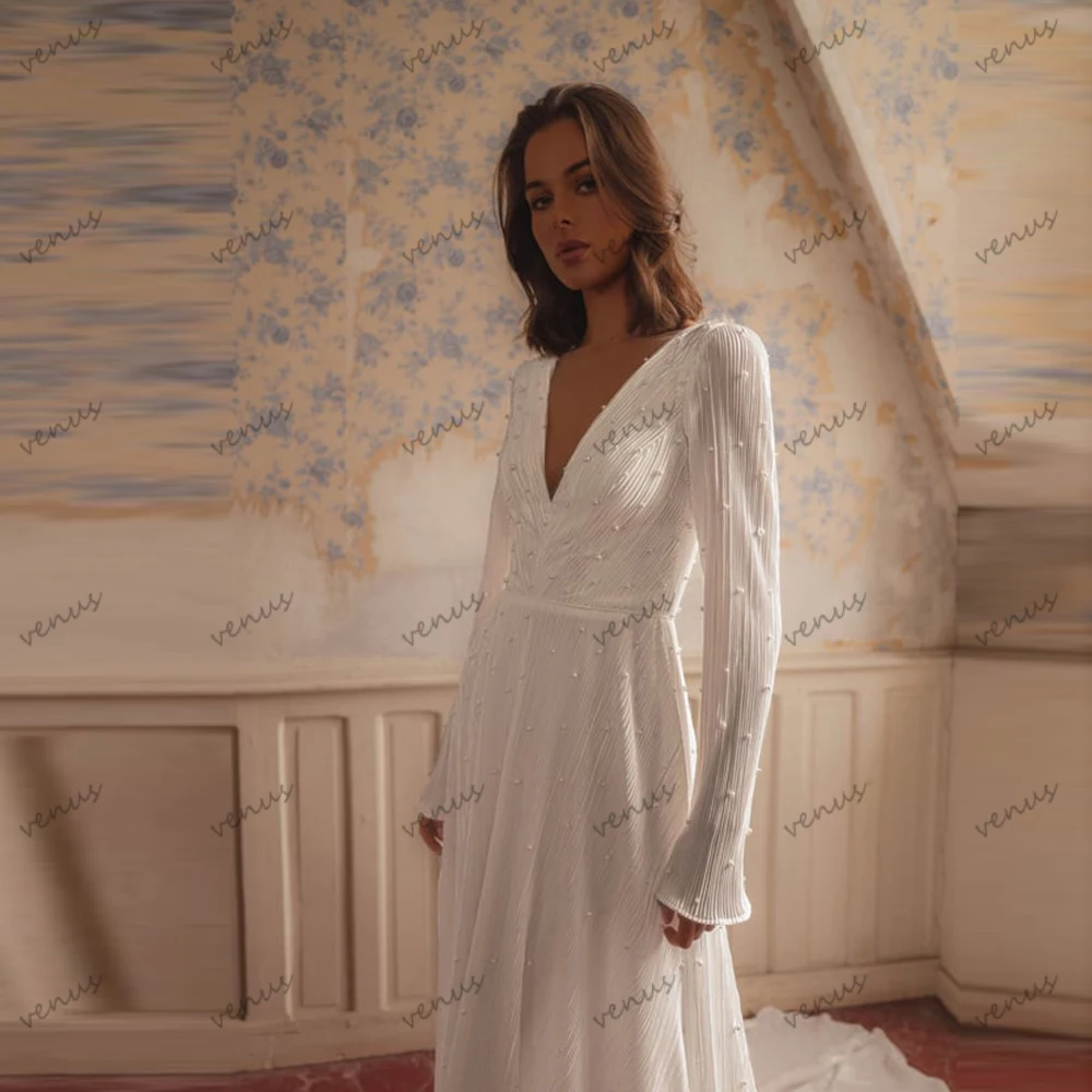 Vestidos De Novia bohemios, Vestidos De Novia De línea A, batas con gradas De encaje, cuello en V profundo, mangas acampanadas, Vestidos modernos De Novia personalizados 2026