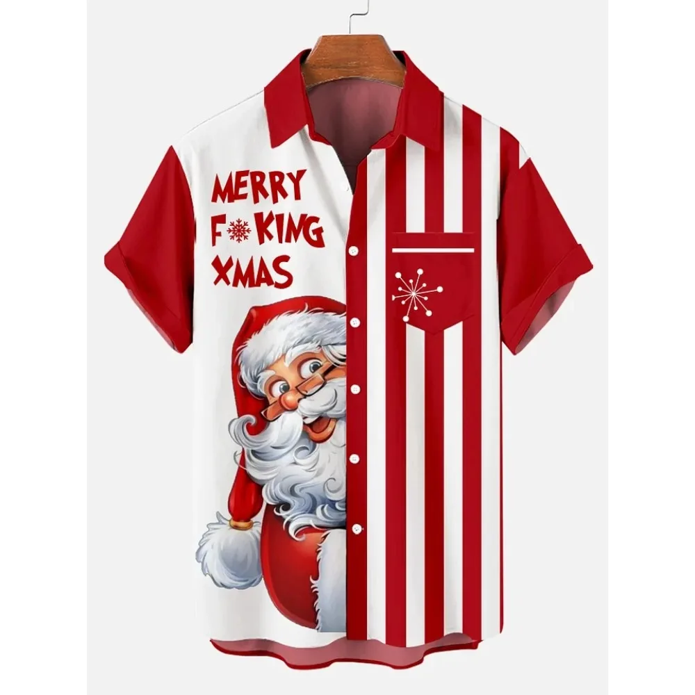 2024 camisa informal de Navidad con solapa, Tops, ropa para hombres, camisa hawaiana de moda navideña para hombres, camiseta de manga corta con estampado 3d