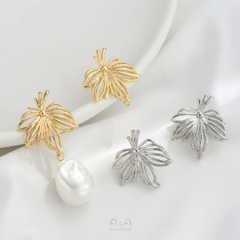 14K Gold Color Hollow Maple Leaf Stud Earrings Leaf-shaped With Rings Hmade Di Earrings Ear Jewelry Accessories Materials