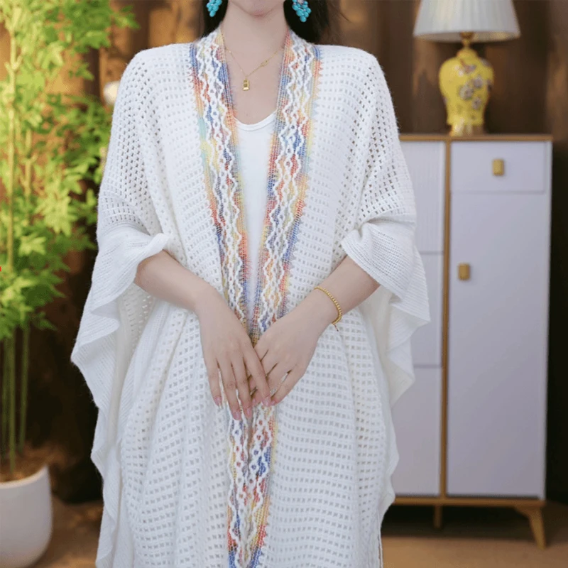 Autumn and winter new-style shawl women hollowed out colorful strips of lotus leaf outside with knitting sweater tourism photos