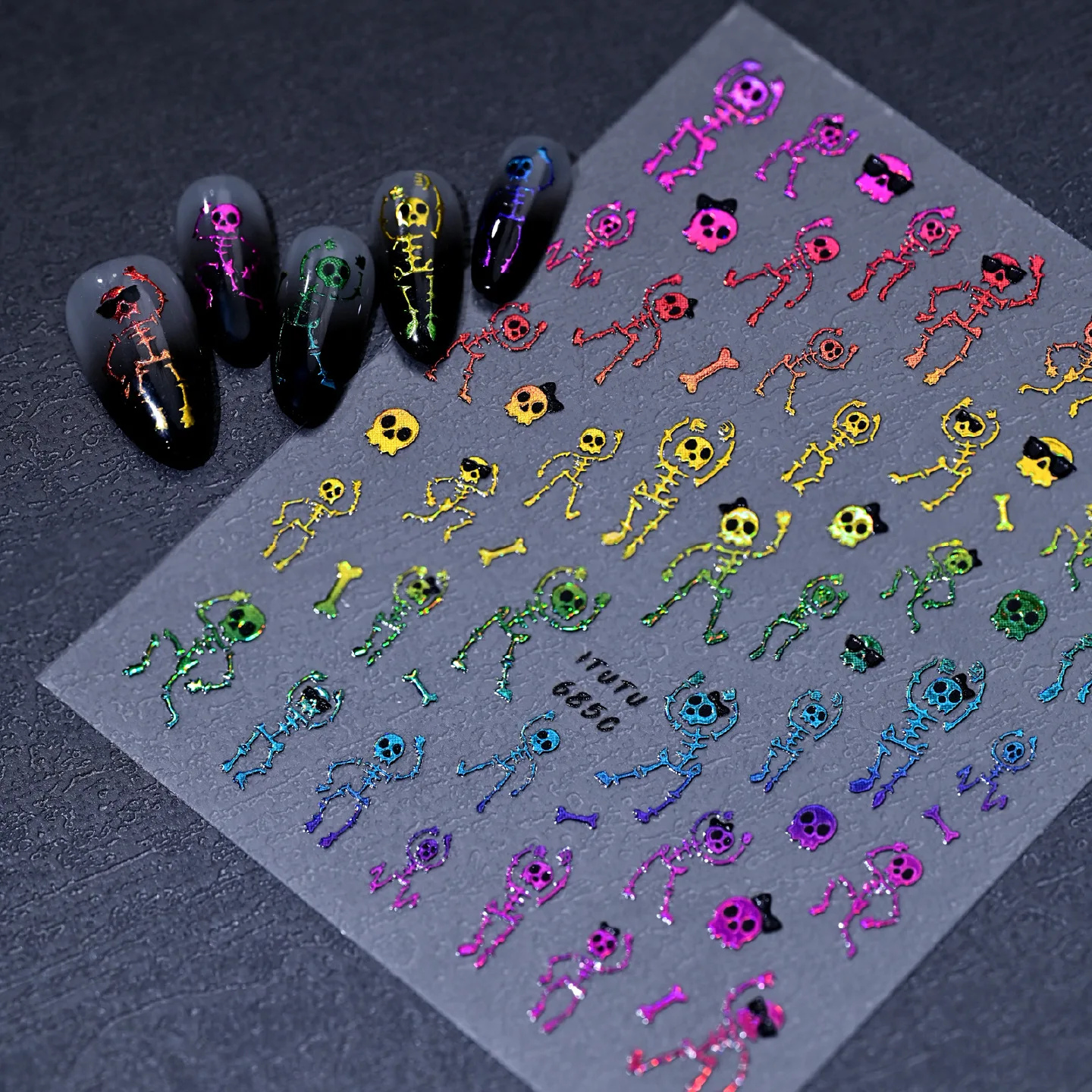 5D Colorful Halloween Dancing Skeleton Nail Stickers Shiny Laser Skull Bone Nail Decals Spooky Gothic Decor Party DIY Manicure