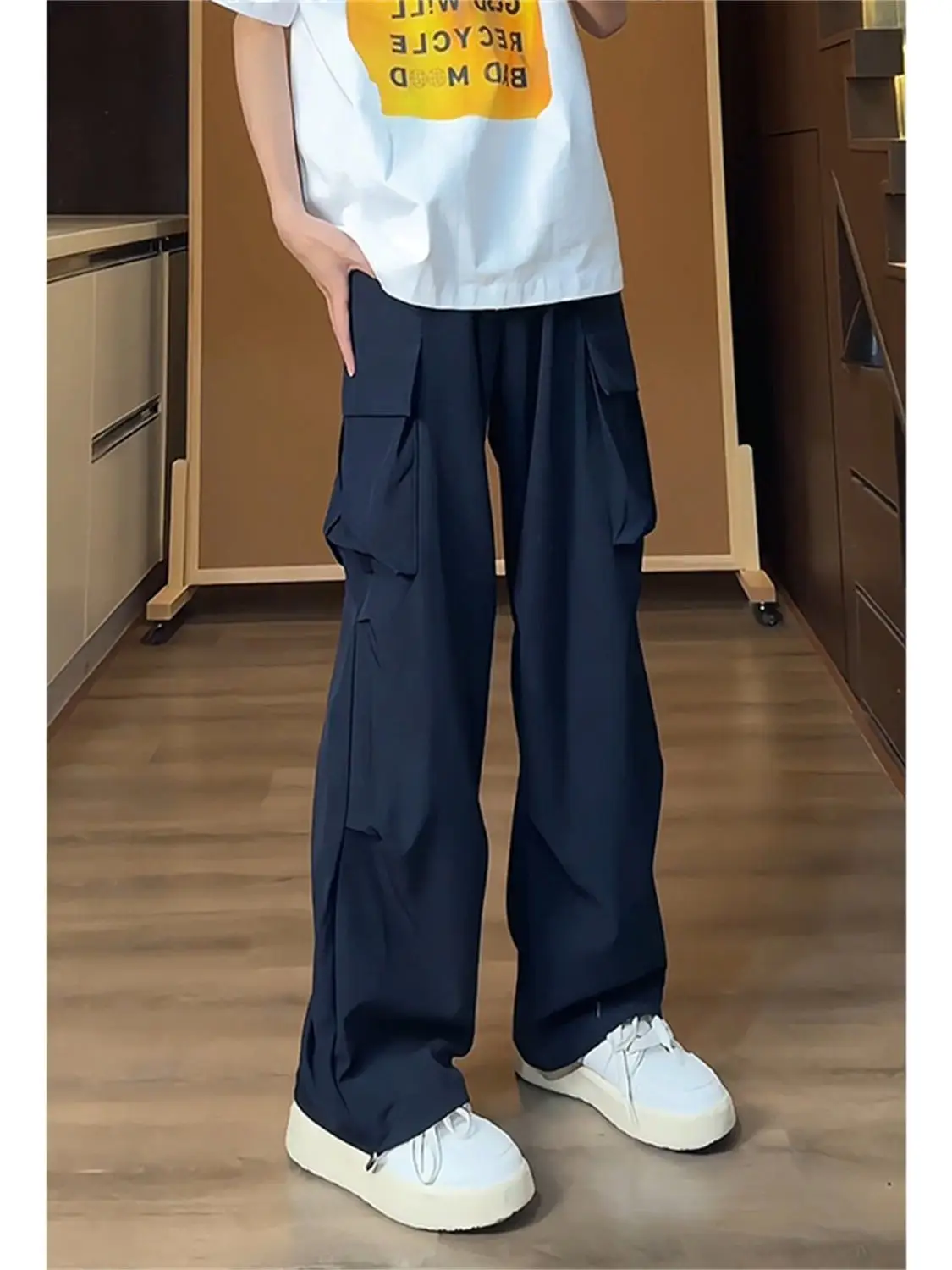 

Летняя мужская рабочая одежда, широкие брюки из ледяного шелка с большими краями, прочные повседневные брюки прямого кроя, модные Ameika цвета хаки