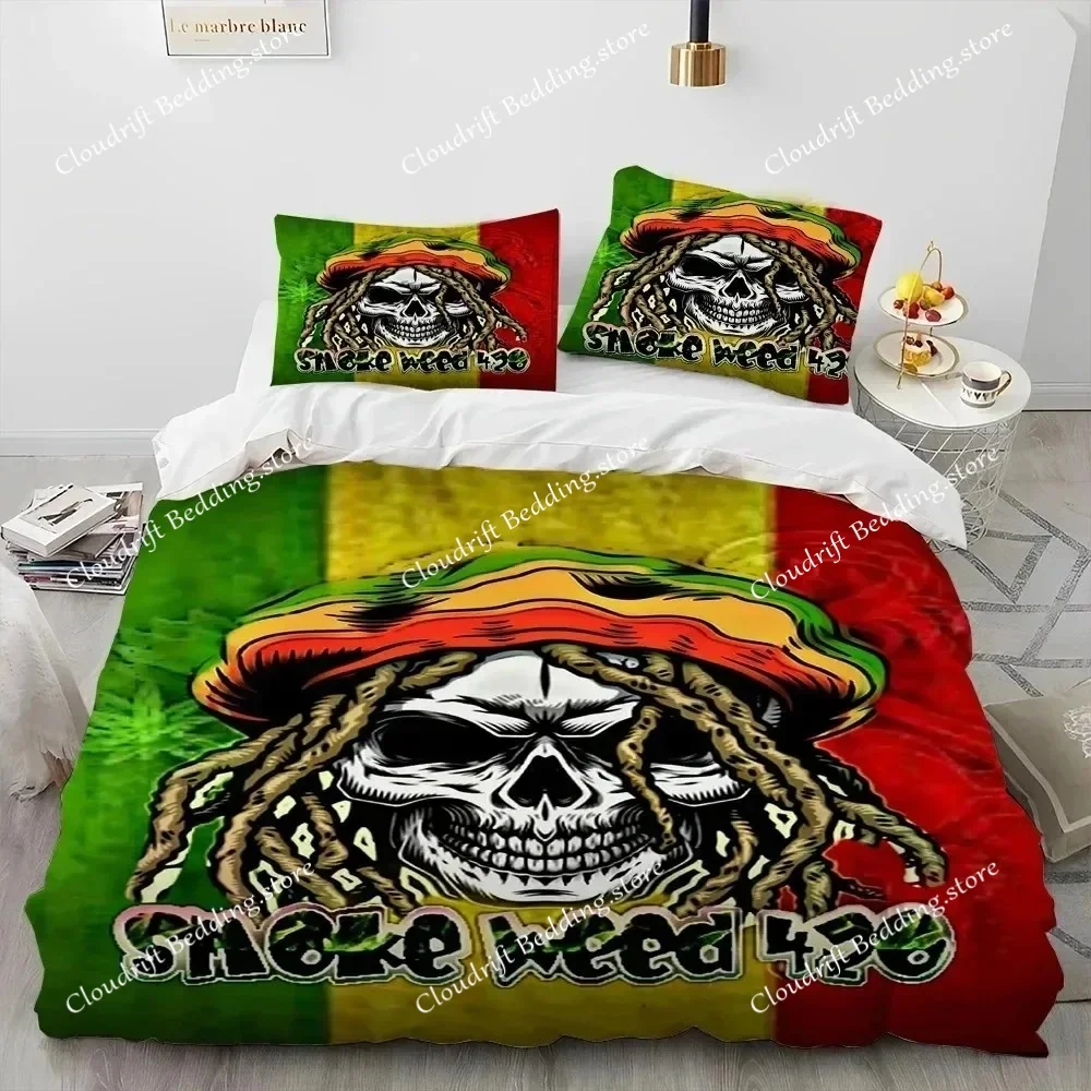Maple Weed Plant Green Death Skull Smoke Bedding Set Duvet Cover Bed Set Quilt Cover Pillowcase Comforter king Queen Size