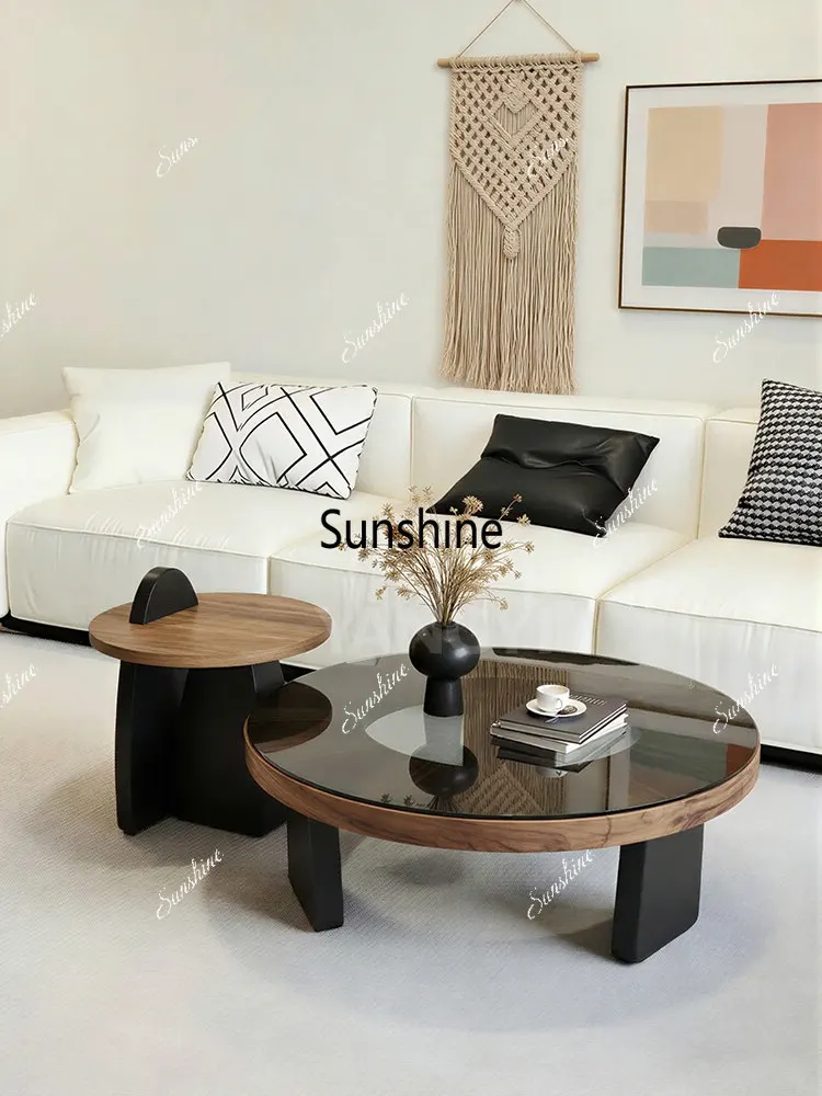 Western, glazed, medieval style solid wood coffee table size round combination small apartment glass walnut Italian minimalist