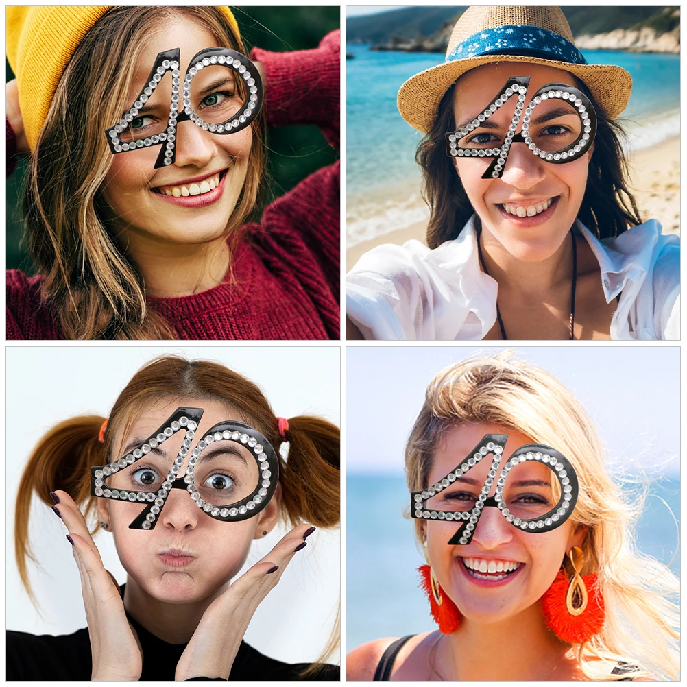 

Glitter Number Eyeglasses Reusable Photo Props Novelty Glasses For Adults Lightweight Travel Accessories Rhinestone