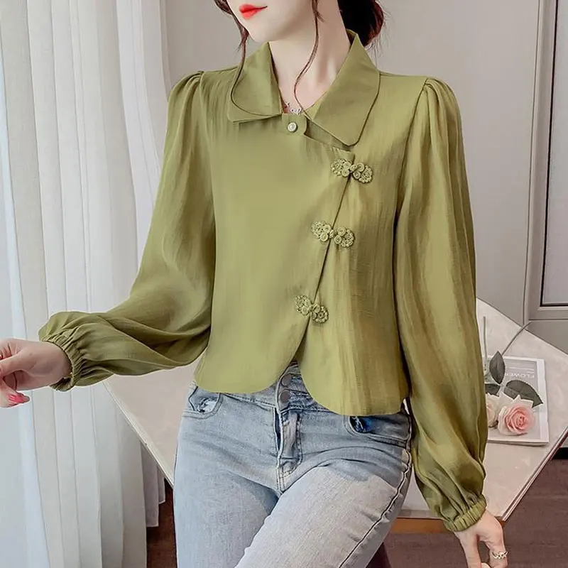 Women\'s Autumn Fashion Simplicity Solid Color Long Sleeve Chiffon Shirts Women Clothes Casual Vintage All-match Temperament Tops