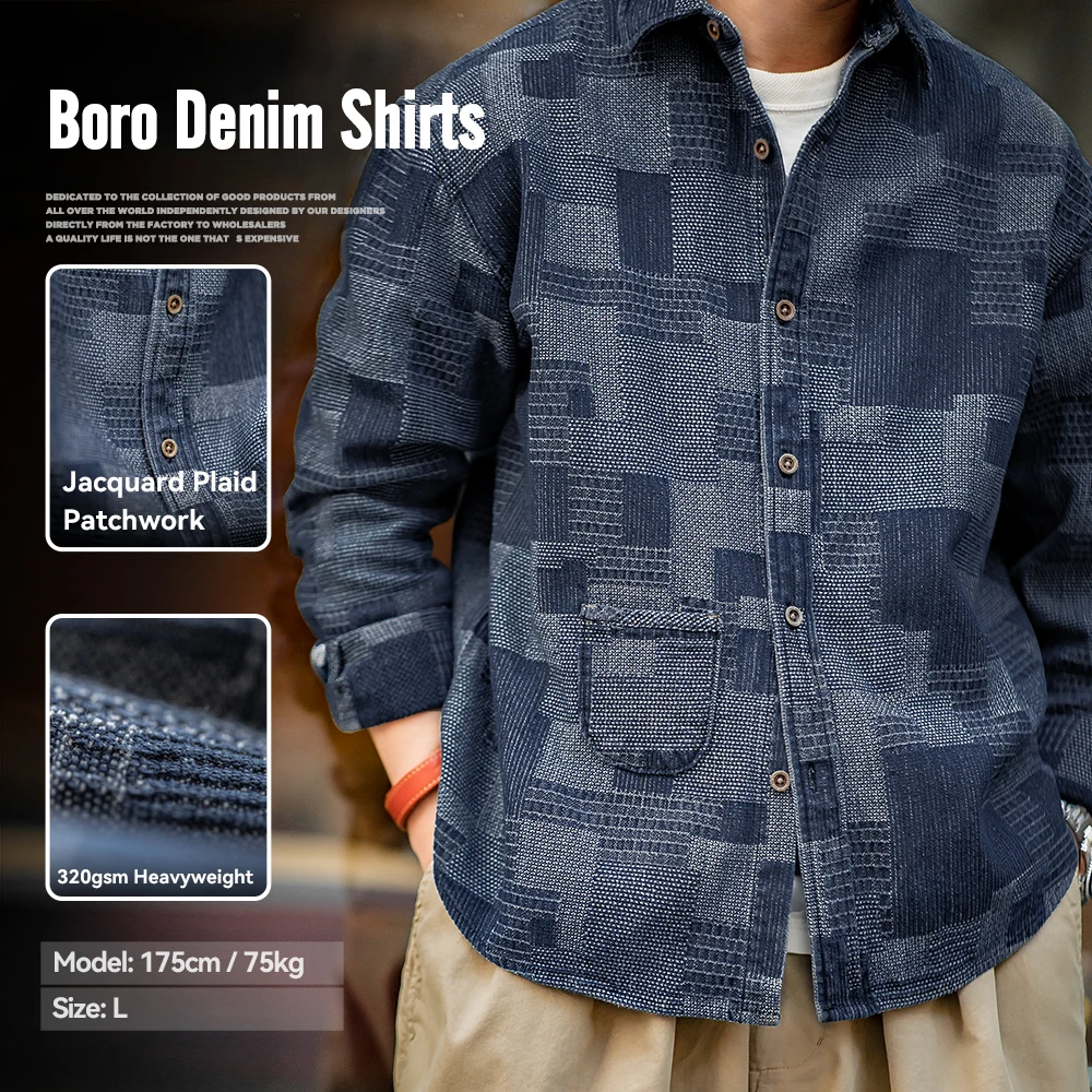 

Maden Retro Boro Cloth Denim Shirts with Lapel Collar Patchwork Design Long-sleeved Shirt for Men's Spring and Autumn Tops