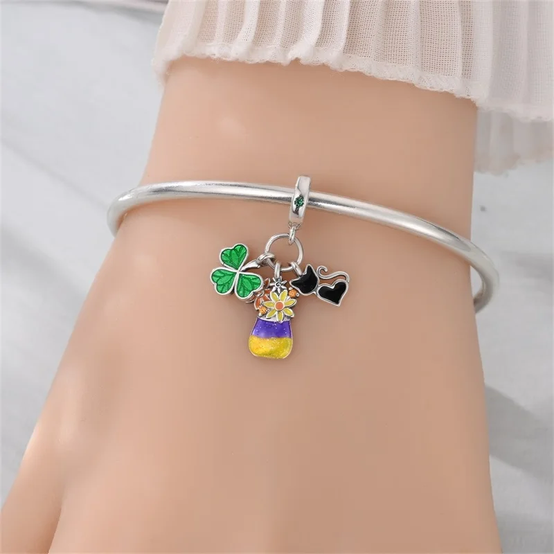 925 Sterling Silver Oil Painting Black Cat Vase Charms Pendant Fit Original Bracelet DIY Women Party Jewelry Gift