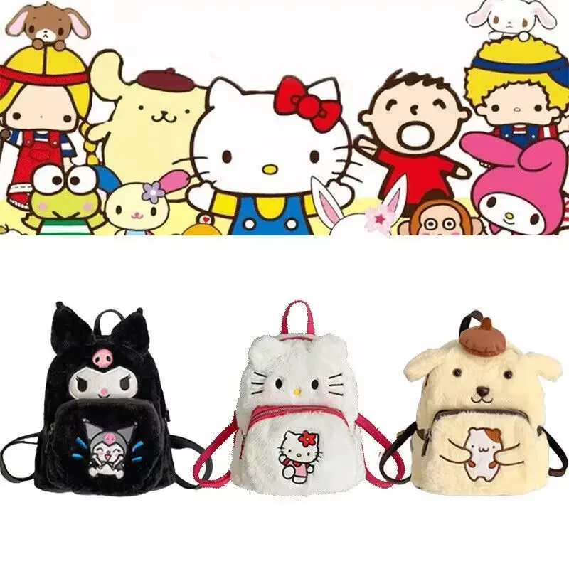 Sanrio Plush Backpack Cute Kawaii Hello Kitty Anime Student Bag Kuromi Kids Bags Girls Pompompurin Bag Birthday Gifts 2024 New