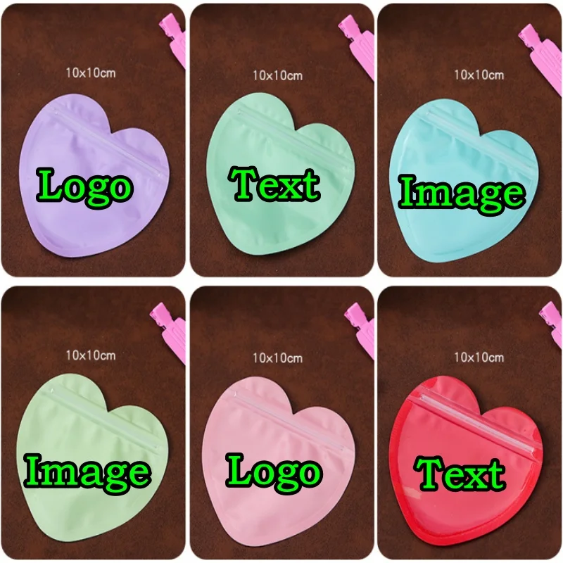 

500 шт. 10x10 см Плоские пластиковые пакеты-сердечки с окном и зип-локом для упаковки, DIY, с логотипом, для ювелирных изделий, камней, свадебных и подарочных сувениров, мешочки для хранения