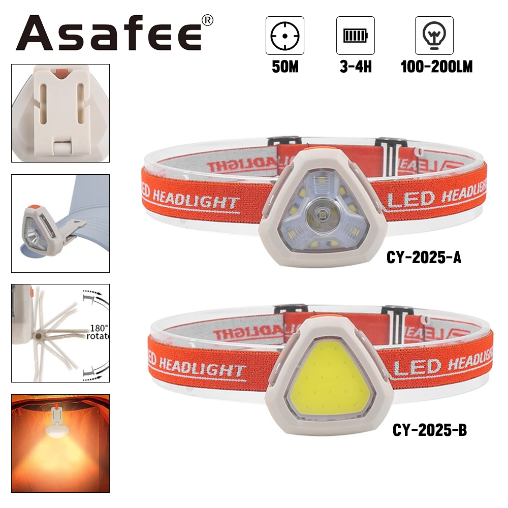 Asafee COB LED Headlight Waterproof Lamp Built-in Battery Torch Rechargeable Headlamp 180° Adjustable Flashlight Clip SOS Light