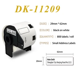 1Roll DK11209 Thermal Label 29mm*62mm*800pcs Die Cut Labels DK-11209 DK 11209 Compatible for Brother QL-500 QL-700 QL-800