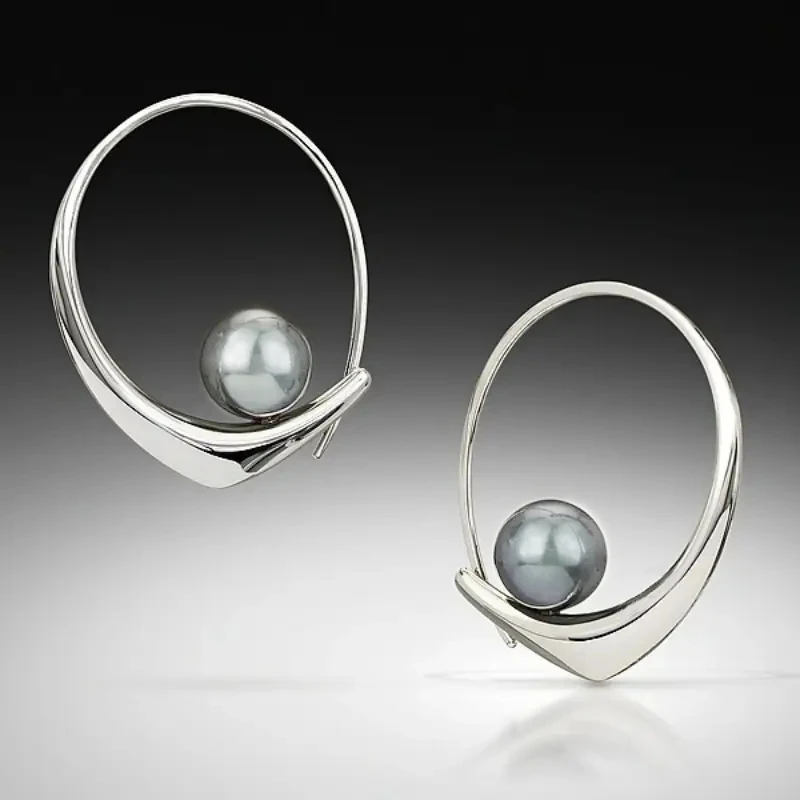 Huitan Minimalist Hoop Earrings with Grey Imitation Pearl Statement Circle Earrings for Women Daily Wear Modern Jewelry Dropship