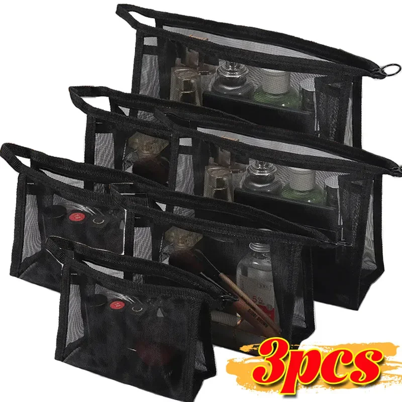 

S/M/L Mesh Transparent Cosmetics Bags Zipper Portable Clear Black Makeup Bag Travel Toiletry Organizer Lipstick Storage Pouch