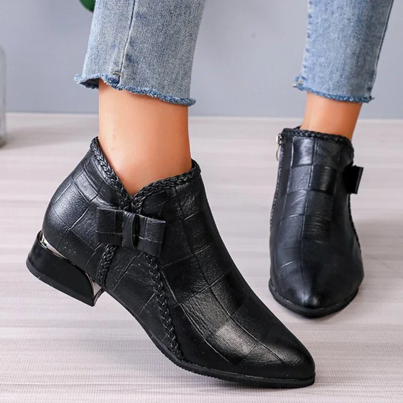 Elegant Pointed Toe Low Heel Ankle Boots for Women Autumn Designer Weave Pu Leather Short Booties Woman Good Quality Black Boots