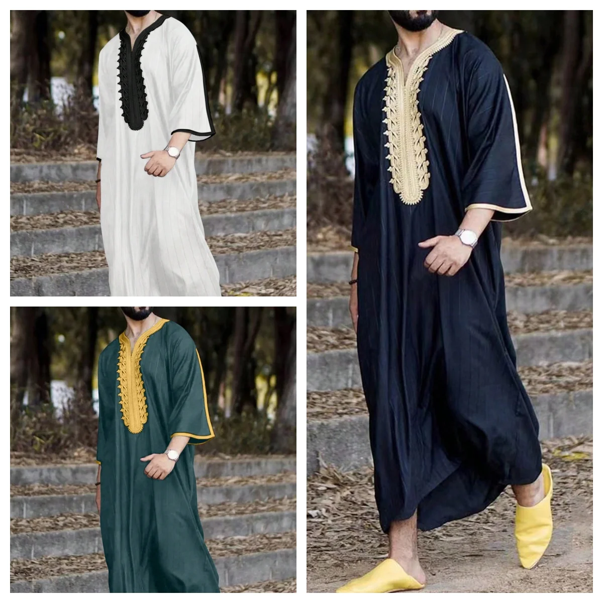 Moroccan robes Hand embroidered loose breathable robes Djellaba Abaya Thobe Islamic striped robes Muslim men's clothing