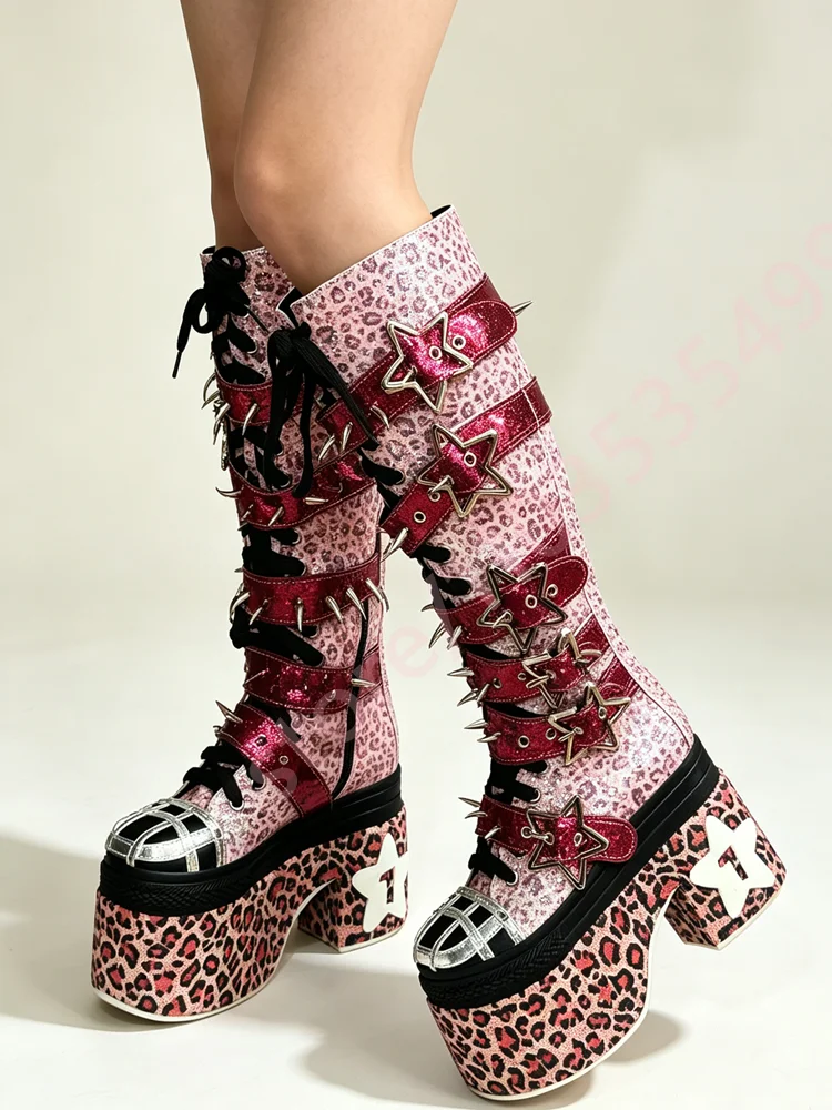 Glitter Leopard Platform Knee High Boots Women Star Buckle Spiked Straps Lace Up Round Toe Gothic Y2K Cosplay Fashion Tall Boots