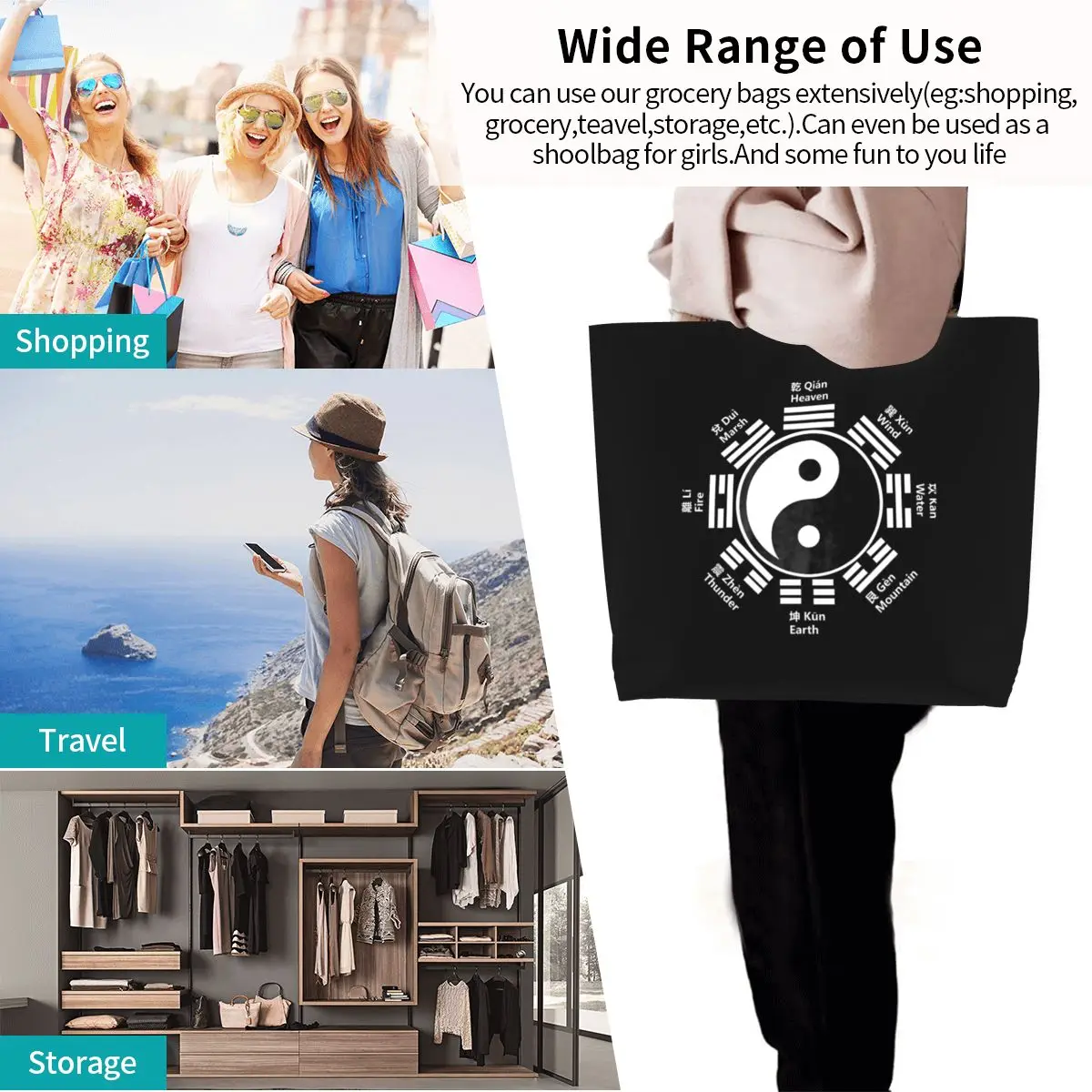 يين يانغ رمز تاي تشي باغوا فنغ شوي هدية الصينية زن الأساسية حقيبة تسوق حقيبة قماش حقيبة كتف المتسوق البقالة حقيبة يد