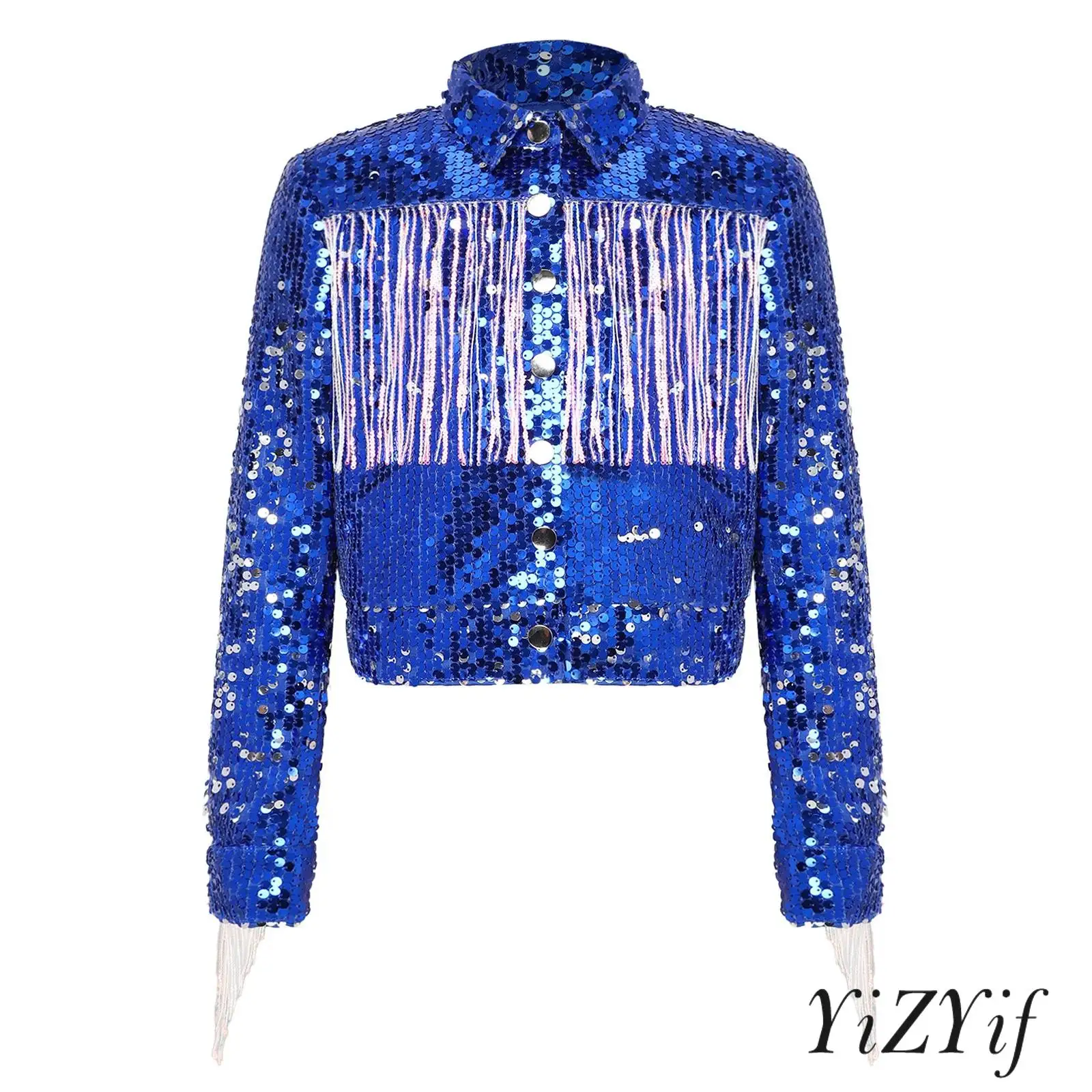

Allover Sequin Tassel Blazer for Kids Girls Jazz Hip Hop Dance Costume Lapel Long Sleeve Press Button Sparkly Crop Jacket