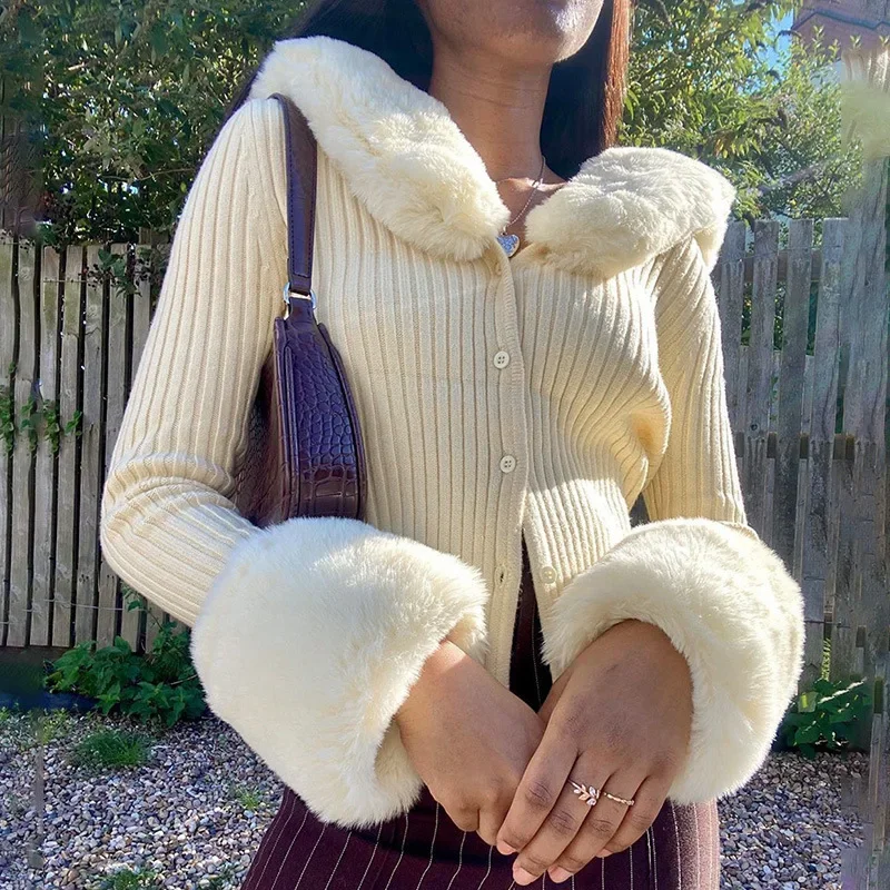

Fluffy Faux Fur Patchwork Knitted Cardigans Women Fashion Turn Down Collar Long Sleeve Single Breasted Sweaters Coat Crop Tops