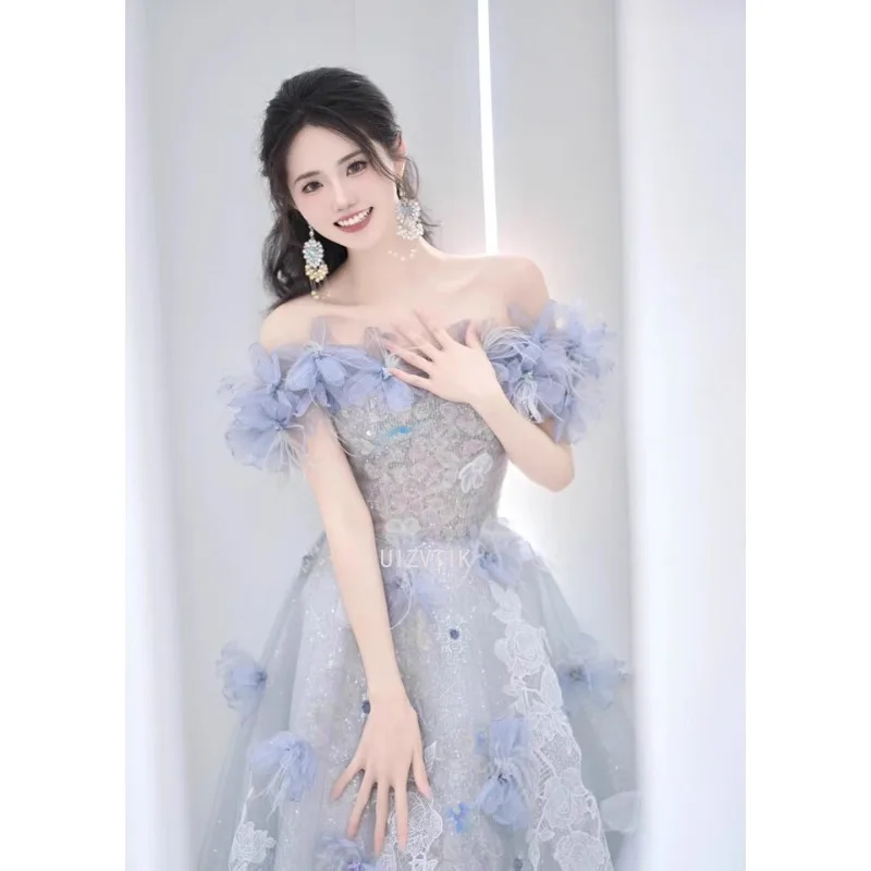 여자 2025 라이트 럭셔리 틈새 웨딩 드레스 블루 오프 어깨 긴 이브닝 드레스 대형 밑단 디자인 프랑스어 댄스 파티 연회 가운