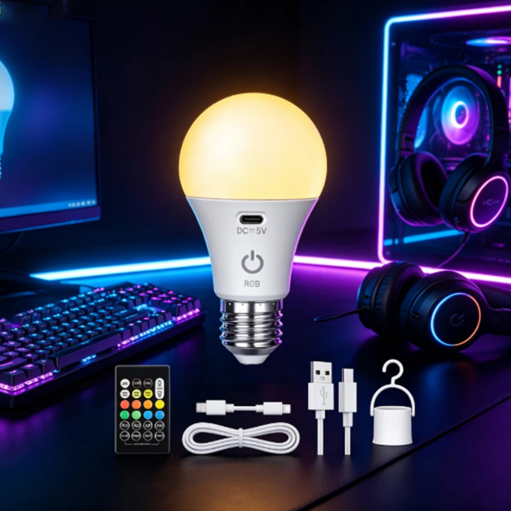 2-Pack Rechargeable Emergency LED Bulbs, USB Type-C, RGB Color Changing, Timer Function, Ideal for Home Decor, Parties, Camping