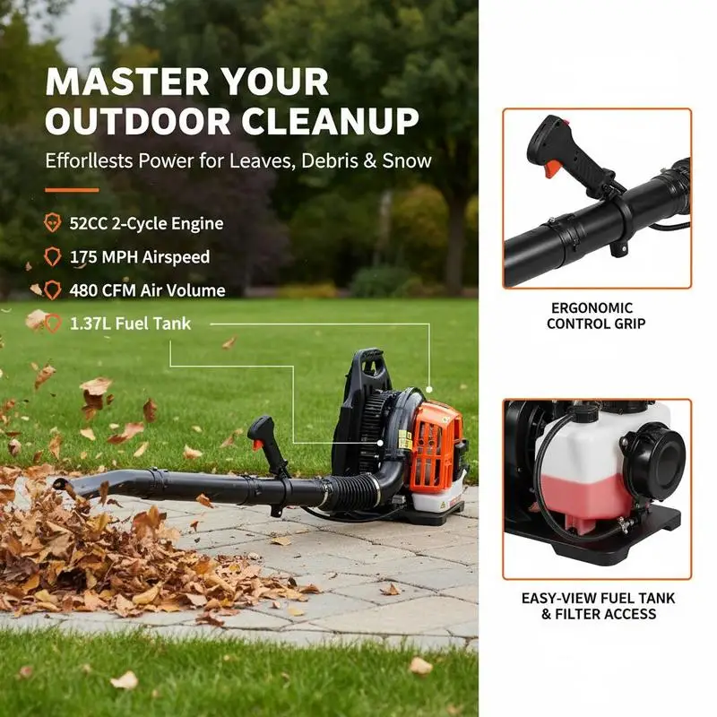 Backpack Gas Powered Blower 52CC 2-Cycle For Lawn Care, Leaf Cleaning, Snow Removal, 1.37L Fuel Tank 480CFM Air Volume 175MPH Speed Shoulder Strap Design Manual Start Engine