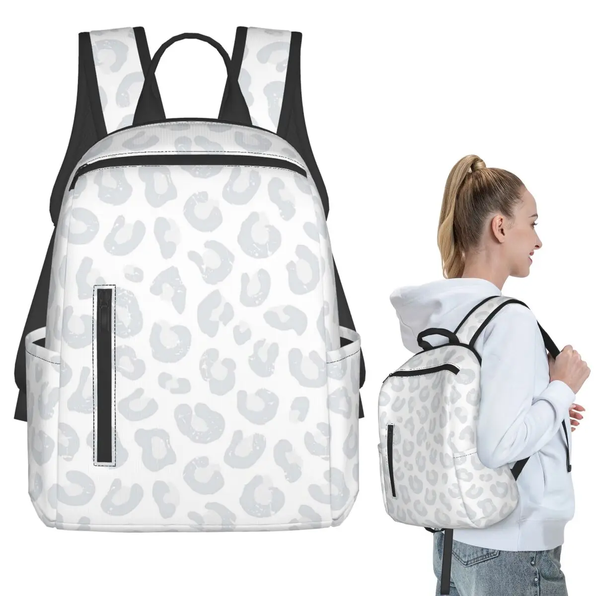 Leopard Print - Silver Gray And Whi Backpack Student BookBag Boys Girls School Bag Laptop Shoulder Bags Men Women