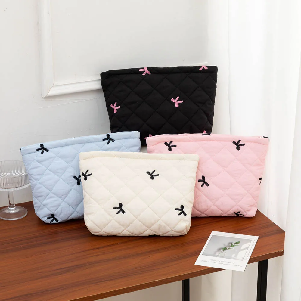 Embroidery Bow Cosmetic Bag Sweet Student Bow Makeup Bag for Girl Cute Plaid Pencil Case Portable Travel Square  Storage Pouch