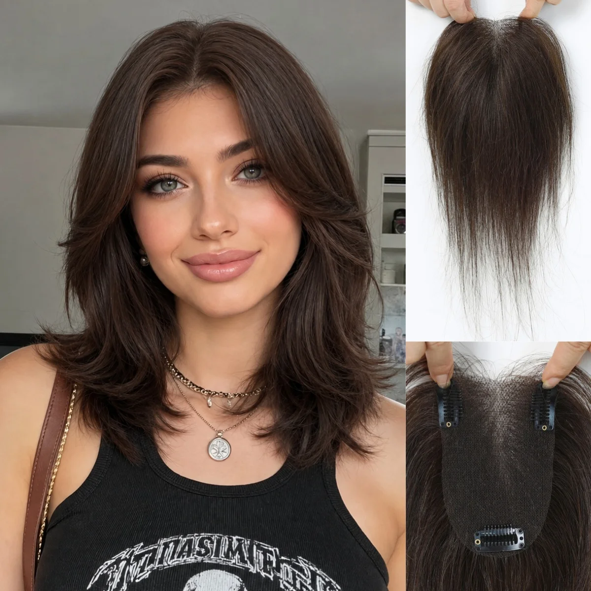 100% Remy Human Hair Lace Base Topper 10 Inch Brown with Curtain Bangs Fringe Clip In Hair Pieces for Women Thinning Hair