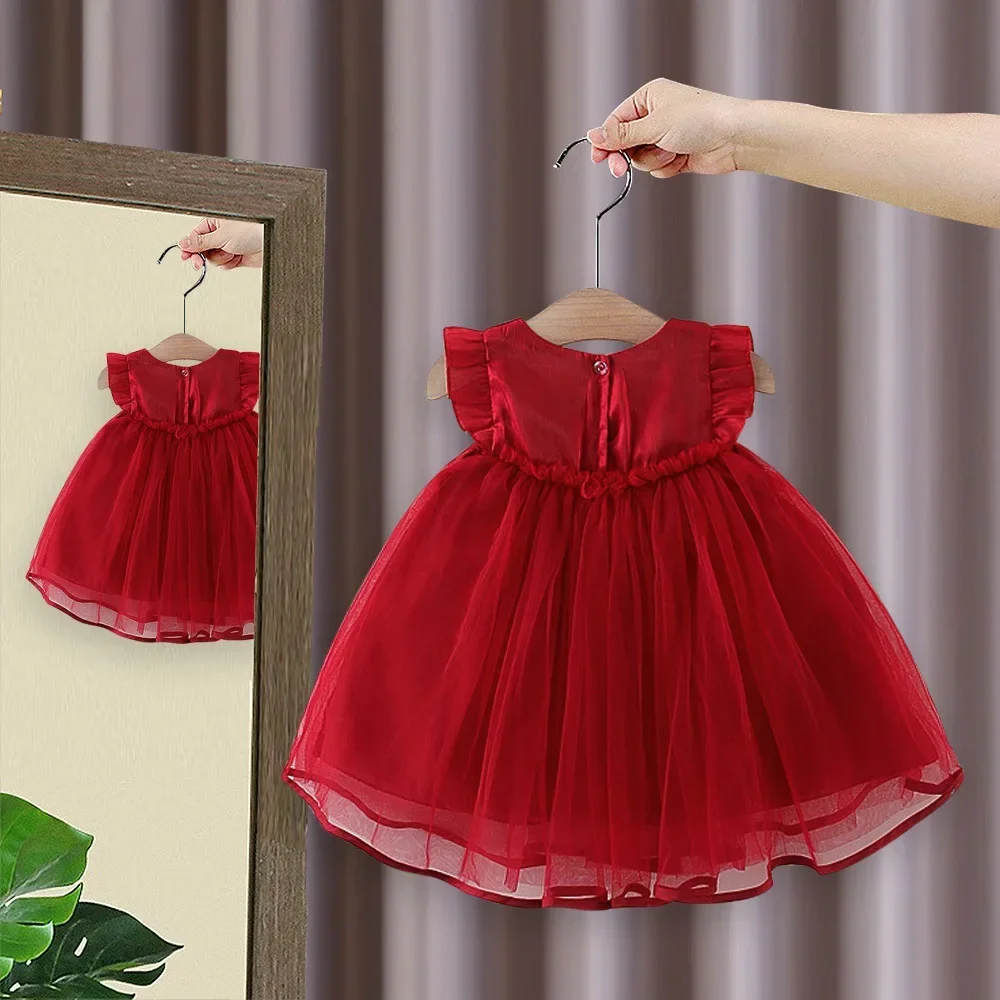 New Year\'s Dress Girl\'s Summer Dress Solid Red Flying Sleeves Bow Twilight Cloud Princess Dress Suitable for 0-3 Year Old Babies