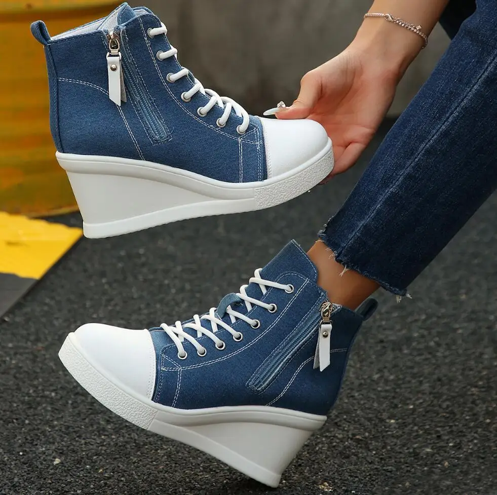 

Black High Top Canvas Sneakers Shoes for Women Classic Platform Wedge Heel Casual Shoes Woman Fashion Zipper Lace Up Ankle Boots