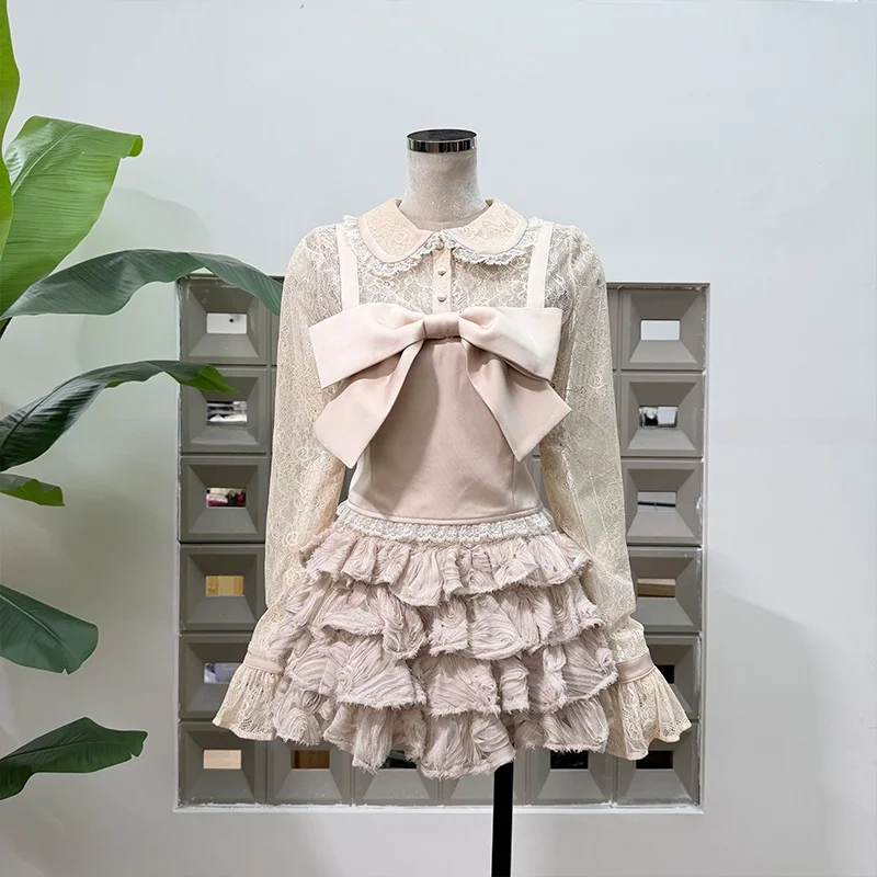 

Женская блузка с воротником-куклой и узлами, с короткой юбкой-кейк, коллекция Весна 2026