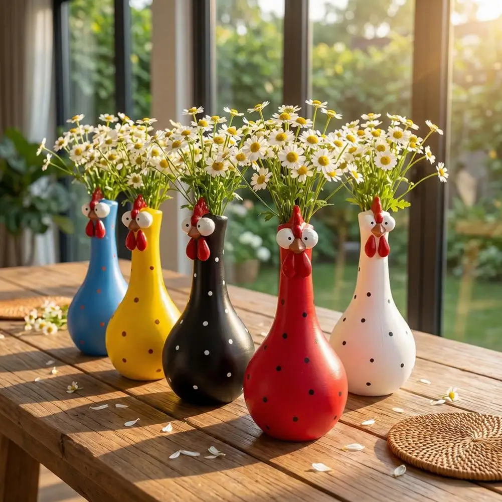 Long Neck Colorful Chicken Statue, Big Eye Cartoon Resin Rooster Vase, Funny Outdoor Cock-Shaped Vase Home Office Decor