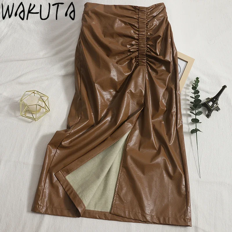 WAKUTA PU Shirring Skirts Women 2024 New Sexy High Waist Bodycon Ladies Split Solid Color Skirt Office Elegant Faux Leather Club