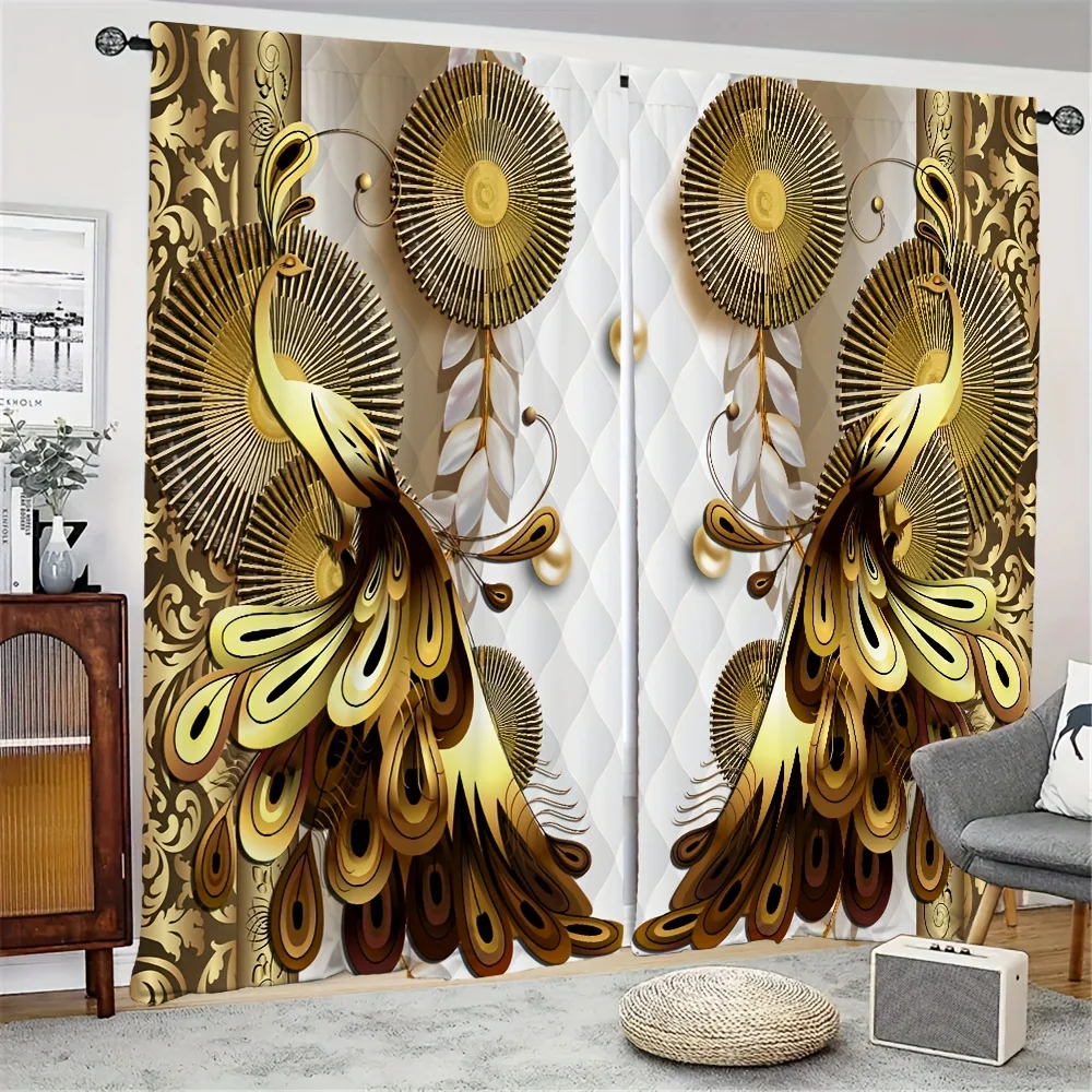 2pcs Elegant Golden Flower Pattern Curtain for Home Decor Window Treatment for Bedroom, Office, Kitchen, Living Room, and Study