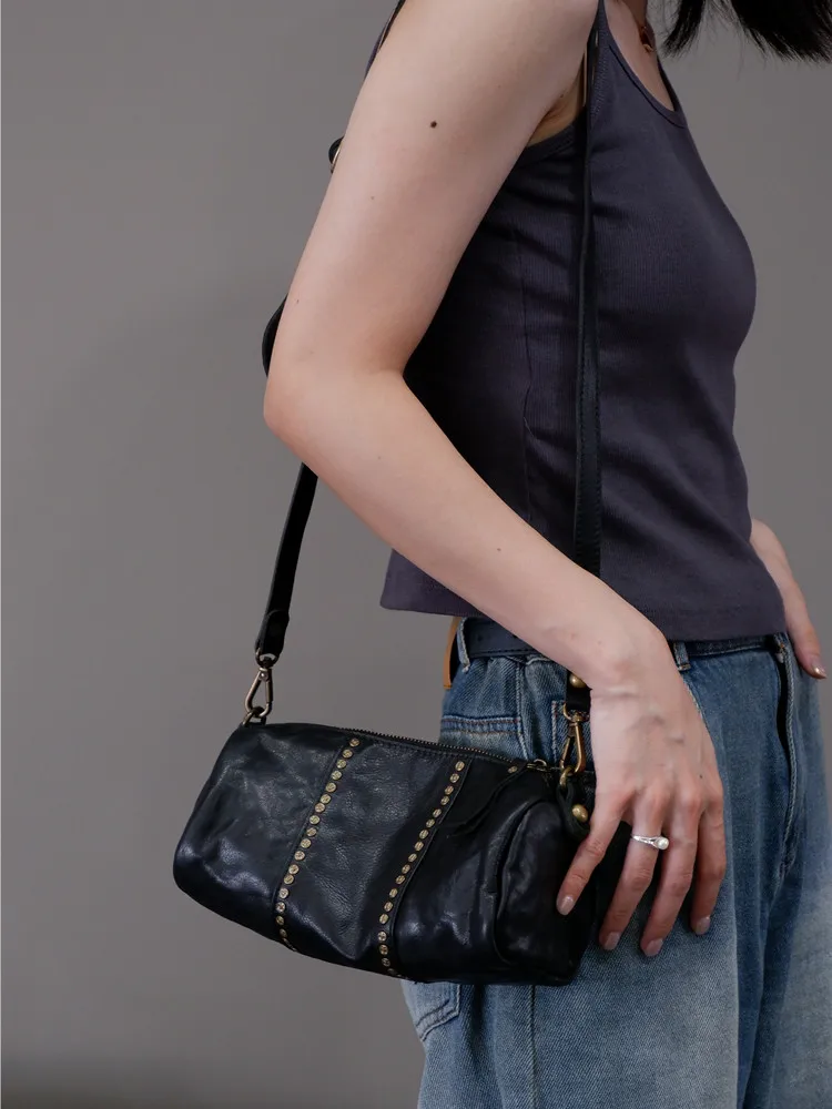 PNDME Designers Handmade First Layer Cowhide Ladies Shoulder Bag Outdoor Shopping Genuine Leather Women's Black Crossbody Bag