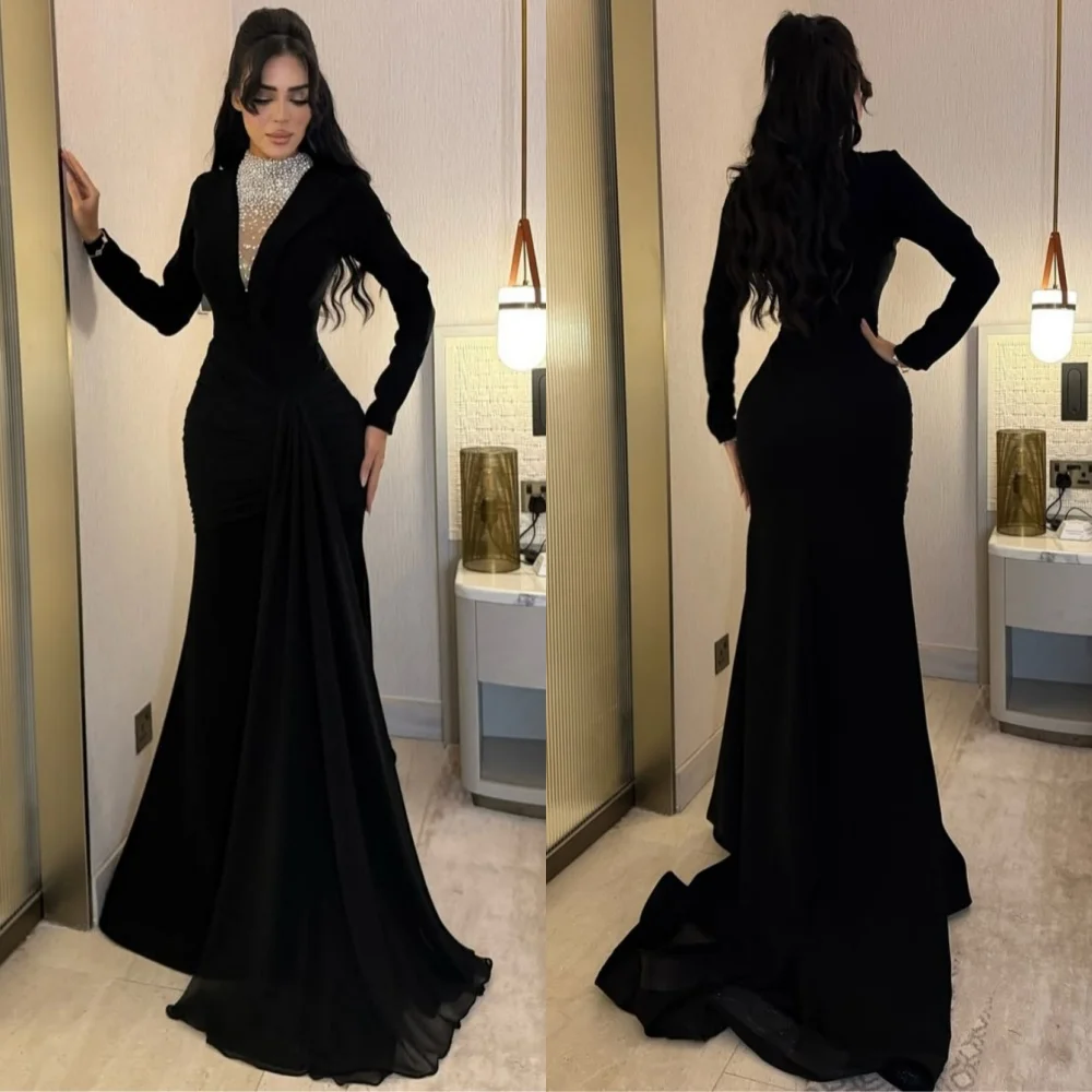 

Customized Modern Style Jersey Sequined Pleat Trumpet High Collar Long Dresses Bespoke Occasion Classic