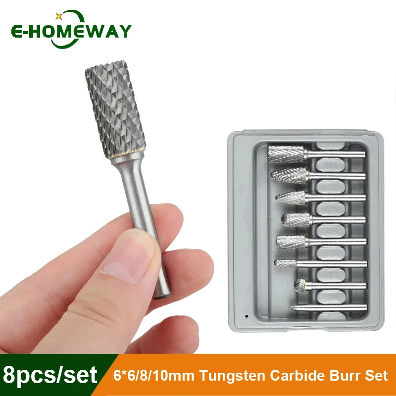 

8pcs/set Dia. 6/8/10/12mm 1/4" (6mm) Shank Tungsten Carbide Rotary Burrs Bit Double Cut CNC Engraving for Metal Steel Aluminum