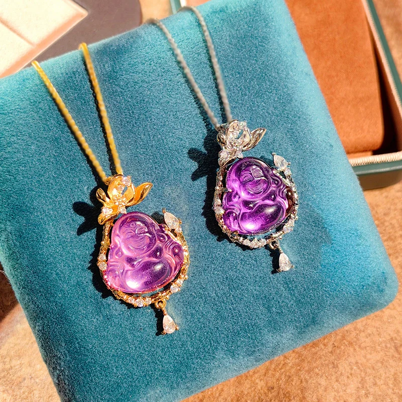 New Chinese style Super Beautiful Purple From the East Lotus Buddha Necklace Maitreya Buddha Necklaces for Women