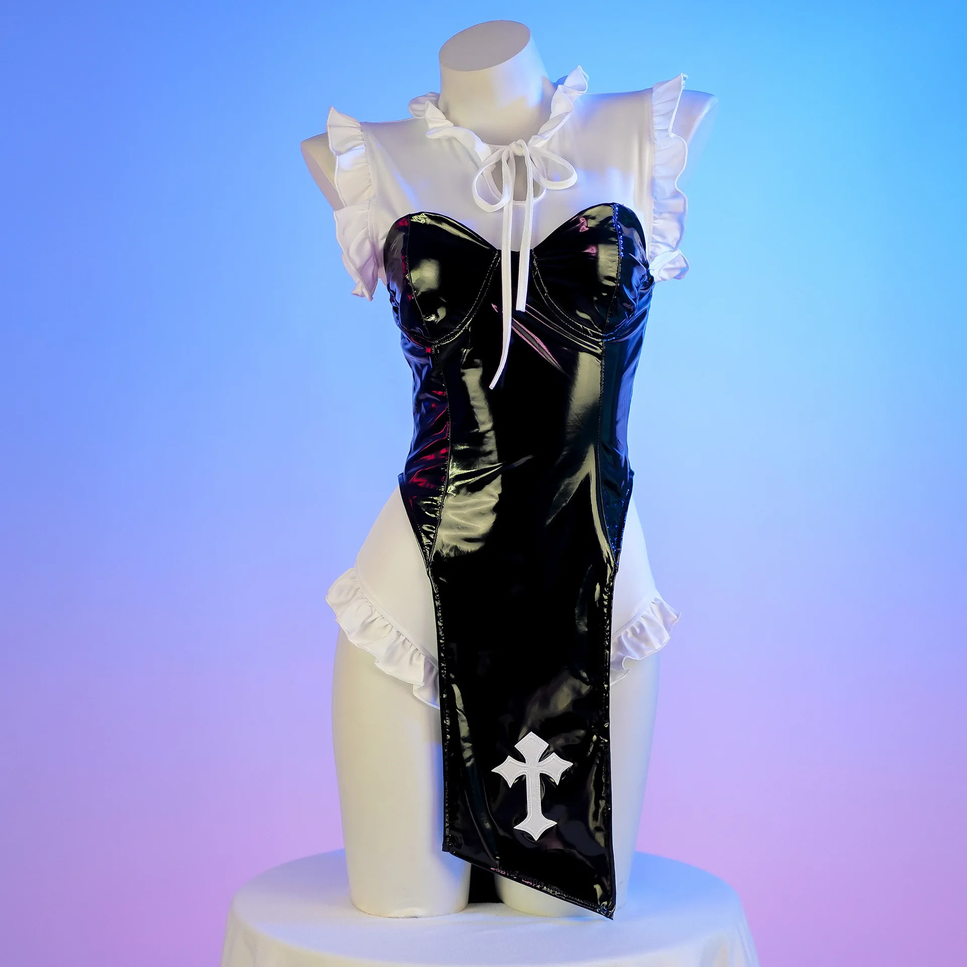 أنيمي Vibrastar أخت زي تأثيري ، فستان منقسم ، بذلة جسم بيضاء كشكشة ، بذلة هالوين ، راهبة ، جلد PU ، دروبشيب